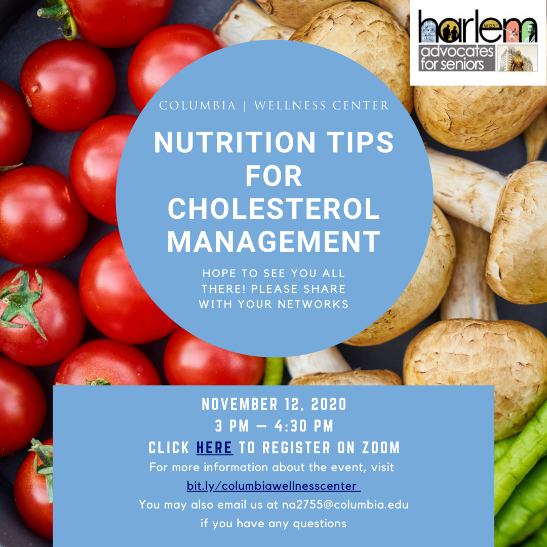 Tomatoes and mushrooms in the background. Light blue circle with writing, "Nutrition Tips for Cholesterol Management"