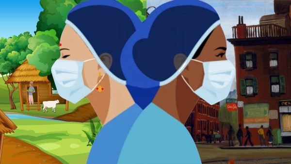 Two female nurses stand back to back whle each woman stands within communities where they're providing medical assistance.  Each woman wears a medical hair coverings, face mask and medical top.  