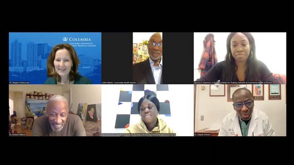 Screenshot of the November Community Health Worker Town Hall panel including community health workers and health practitioners and doctors from NewYork-Presbyterian and Columbia University Irving Medical Center.